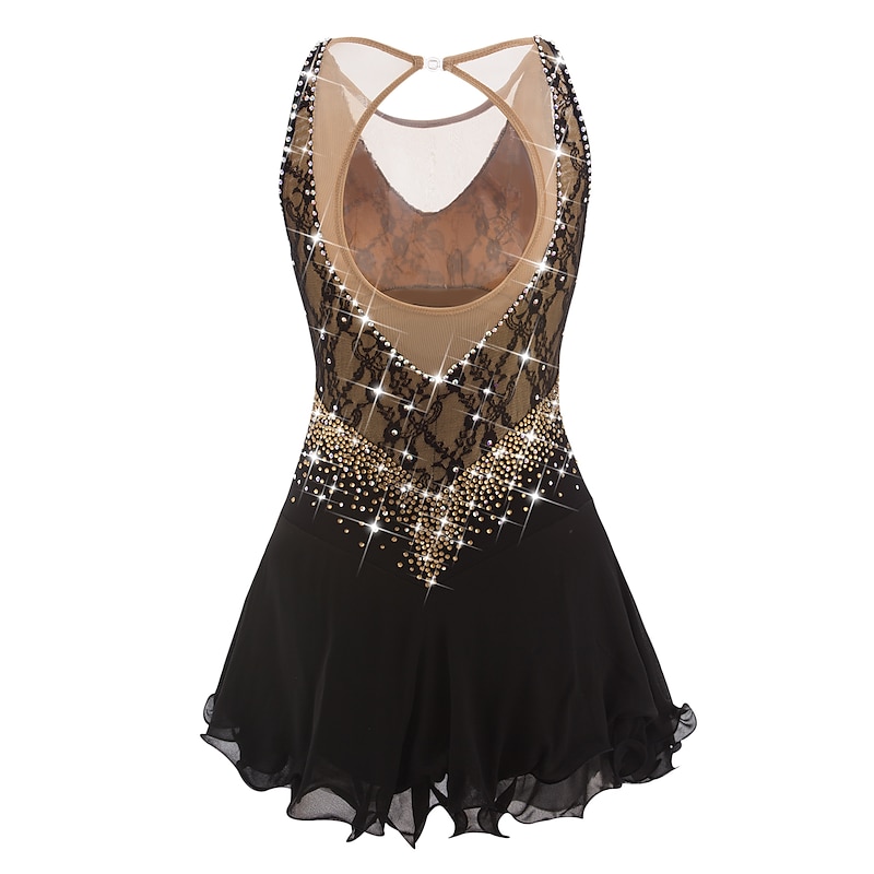 Figure Skating Dress Women's Girls' Ice Skating Dress Dark purple White Yellow Open Back Mesh Spandex Lace High Elasticity Competition Skating Wear Jeweled Rhinestone Sleeveless Ice Skating Figure4