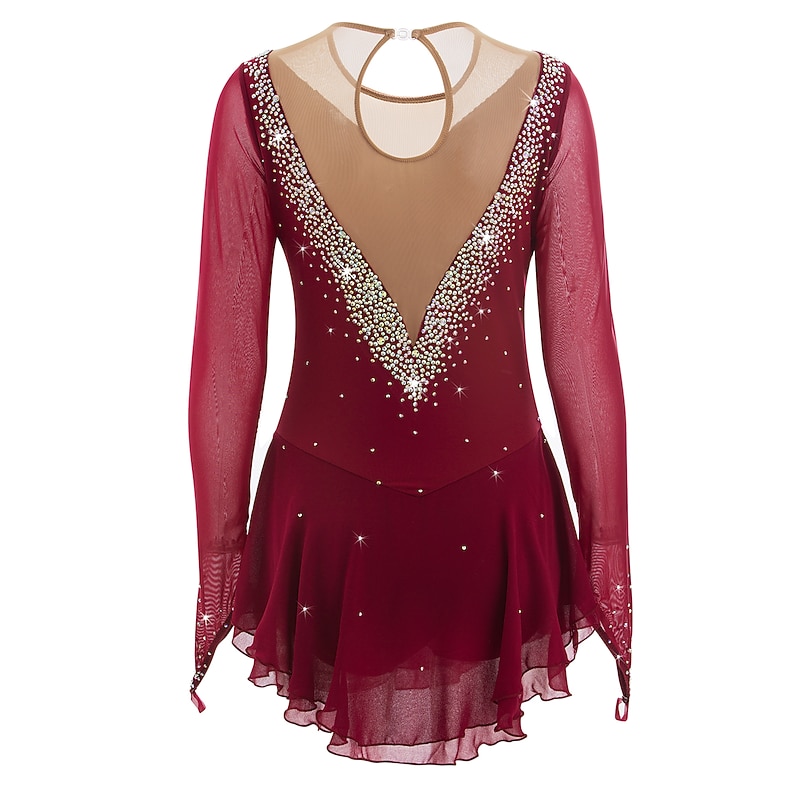 Figure Skating Dress Women's Girls' Ice Skating Dress Light Blue Black White Patchwork Mesh High Elasticity Competition Skating Wear Jeweled Rhinestone Long Sleeve Ice Skating Figure Skating3