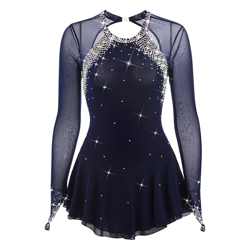 Figure Skating Dress Women's Girls' Ice Skating Dress Black White Yellow Open Back Mesh Spandex High Elasticity Practice Competition Skating Wear Jeweled Rhinestone Long Sleeve Ice Skating Figure3