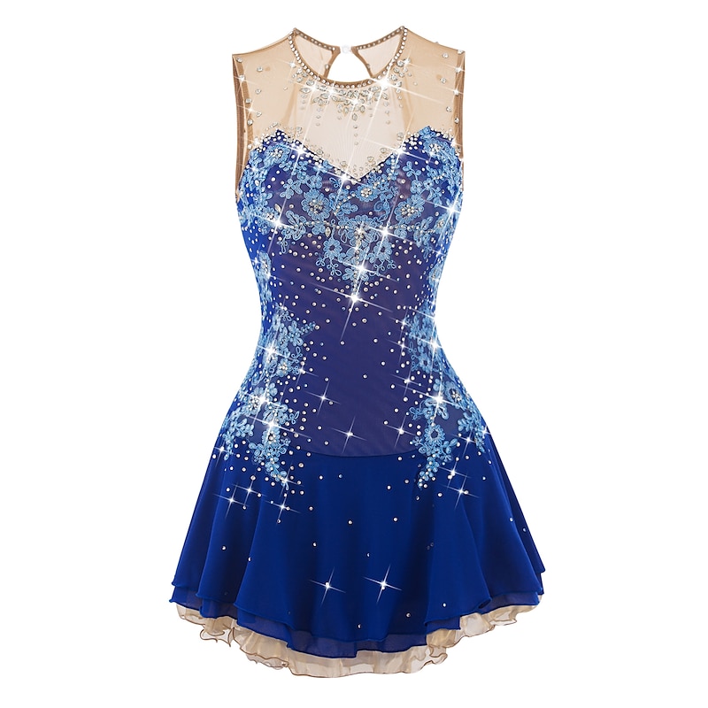 Figure Skating Dress Women's Girls' Ice Skating Dress Dark red White Pink Flower Open Back Mesh Spandex Practice Competition Skating Wear Jeweled Rhinestone Sleeveless Ice Skating Figure Skating4