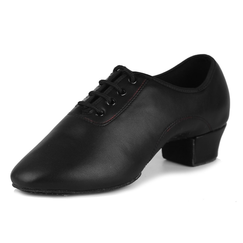 Men's Black Lace-Up Faux Leather Dance Shoes with Low Heel and Non-Slip Suede Sole for Ballroom and Latin Performance