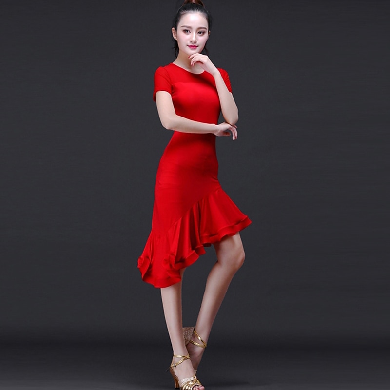 Latin Dance Dress Ruching Women's Training Performance Short Sleeves High Modal Church Dress Women's Daily3