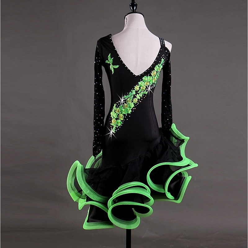 Dance Salsa Latin Dance Dress Appliques Crystals / Rhinestones Women's Performance Long Sleeve High Spandex Georgette4