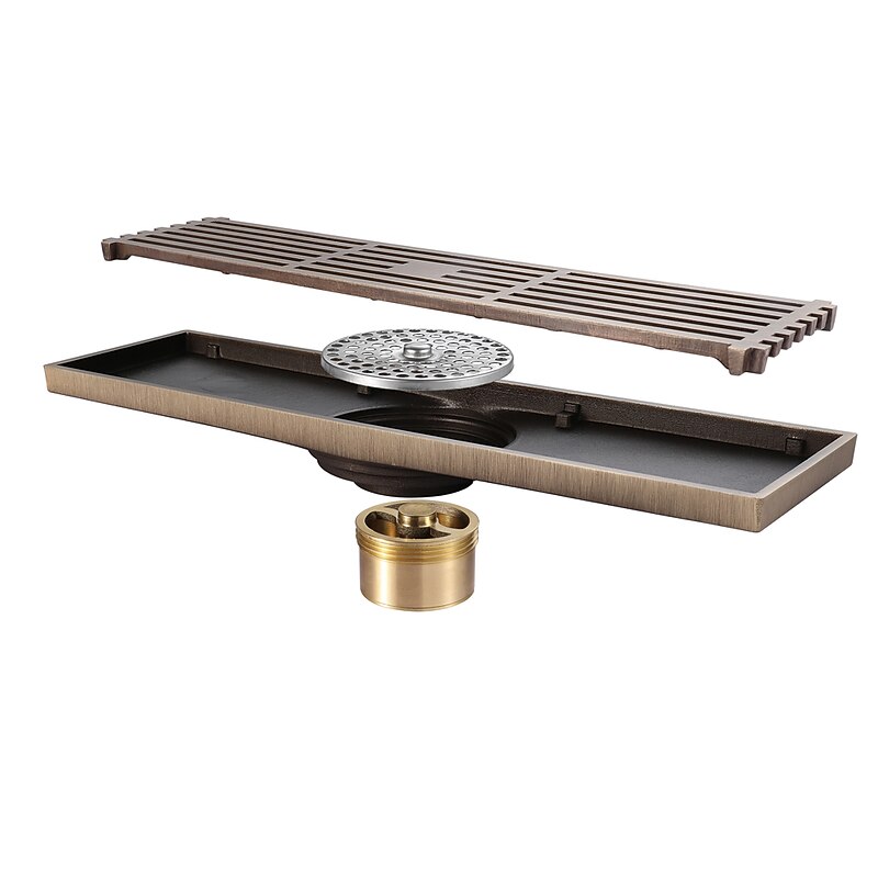 12 Inch Rectangular Linear Shower Drain Bath Floor with Brick Pattern Grate, Brushed Brass Bathroom Floor Drain, Shower Floor Drain Includes Hair Strainer4