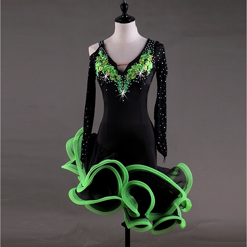 Dance Salsa Latin Dance Dress Appliques Crystals / Rhinestones Women's Performance Long Sleeve High Spandex Georgette3