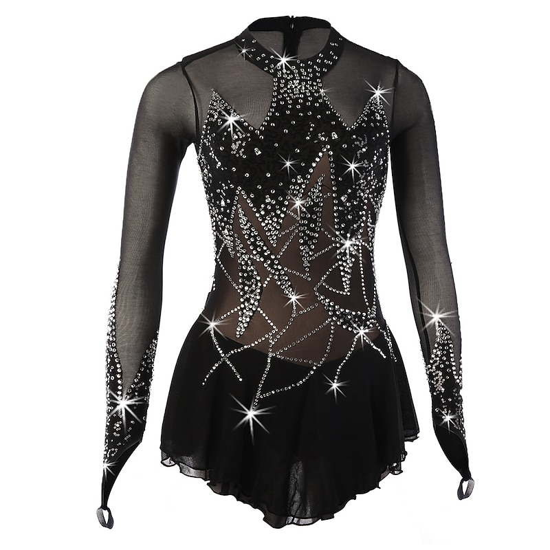 Figure Skating Dress Women's Girls' Ice Skating Dress Outfits Yan pink Violet Black Spandex High Elasticity Competition Skating Wear Handmade Floral Botanical Long Sleeve Ice Skating Figure Skating2