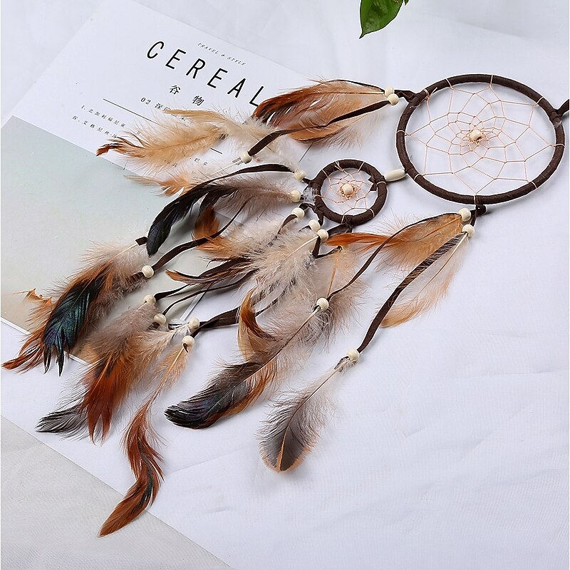 Dream Catcher Handmade Gift with Small Circle Gradient Feather and Beaded Wall Hanging Decor Art Indian Style 55*11 cm4