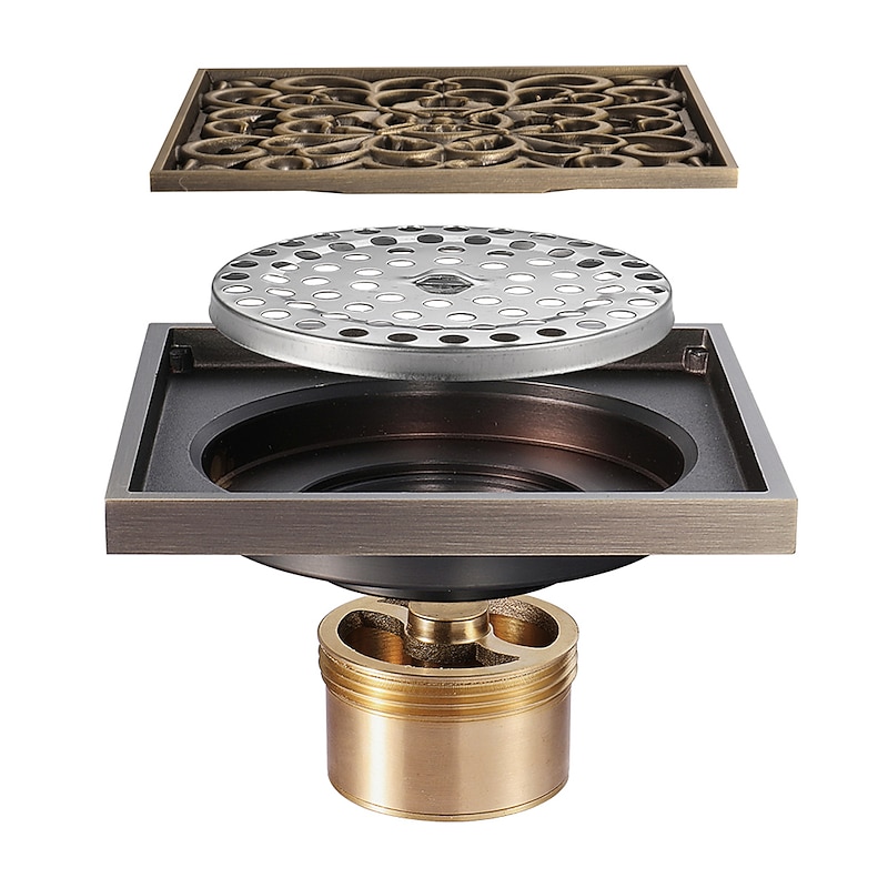 4 inch Shower Floor Drain Square, Removable Brass Insert Grate, Hair Catcher Strainer Black Chrome Golden3