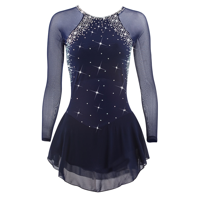 Figure Skating Dress Women's Girls' Ice Skating Dress Violet Black White Open Back Mesh Spandex High Elasticity Training Competition Skating Wear Classic Crystal / Rhinestone Long Sleeve Ice Skating2