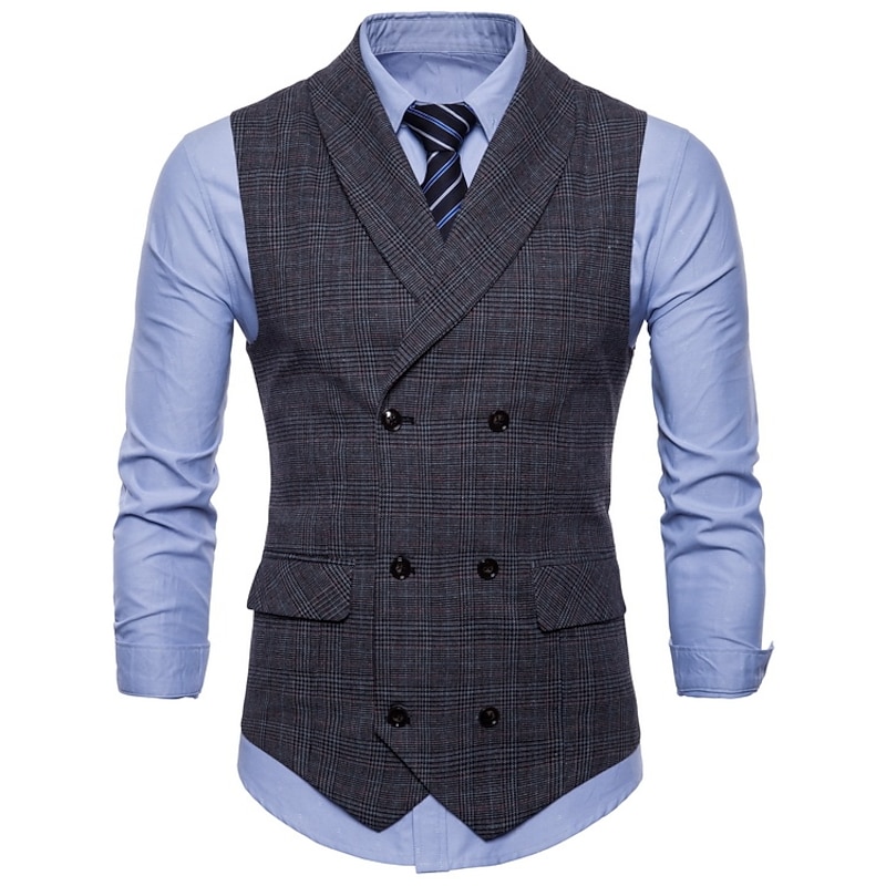 Men's Vest Waistcoat Business Wedding Party Active Smart Casual Spring Fall Polyester Plaid Double Breasted Shirt Collar Slim Brown Light Grey Dark Gray Vest4