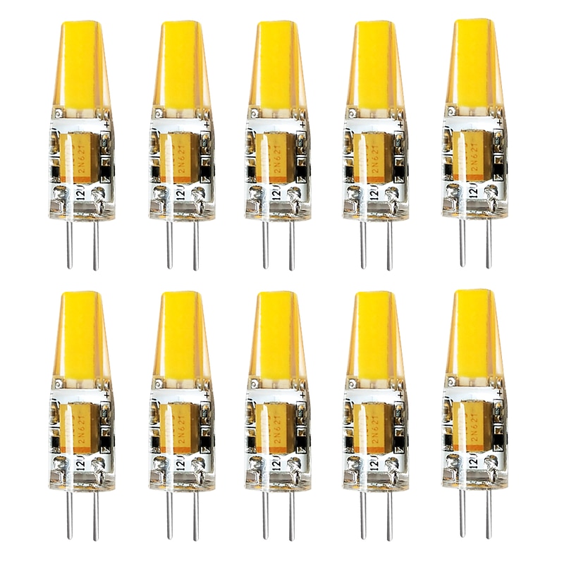 10pcs G4 2W 200lm COB LED Bi-pin Light Bulb Dimmable for Cabinet Light Ceiling Lights RV Boats Outdoor Lighting 20W Halogen Equivalent Warm White DC12V