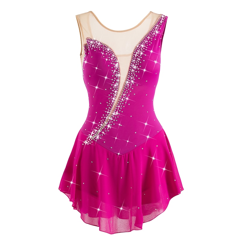 Figure Skating Dress Women's Girls' Ice Skating Dress White / White Yellow & Yellow Dark Purple Asymmetric Hem Mesh Spandex High Elasticity Competition Skating Wear Crystal / Rhinestone Sleeveless4