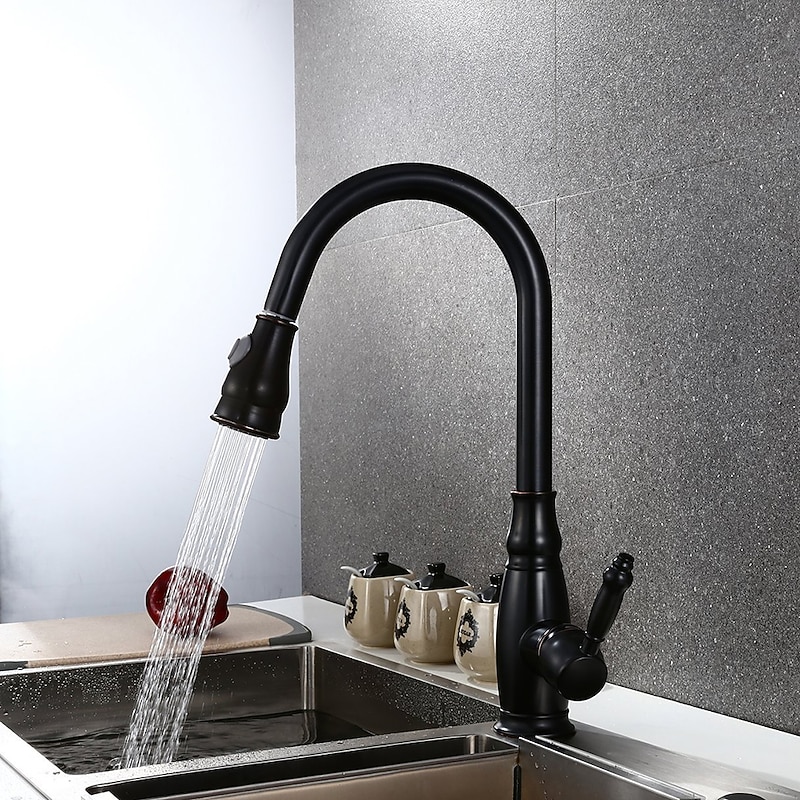 Brass Kitchen Faucet,Single Handle One Hole Oil-rubbed Bronze Pull-out Spray Widespread Tall High Arc Vessel Antique Kitchen Taps with Hot and Cold Switch2