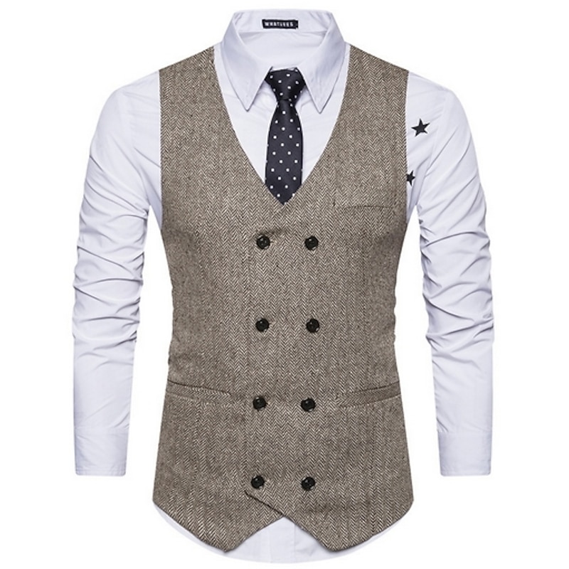 Men's Vest Waistcoat Wedding Business Formal Evening Office Spring Basic Polyester Comfortable Solid Colored Double Breasted V Neck Slim Black Khaki Gray Vest2