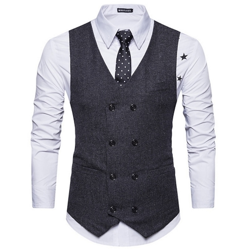 Men's Vest Waistcoat Wedding Business Formal Evening Office Spring Basic Polyester Comfortable Solid Colored Double Breasted V Neck Slim Black Khaki Gray Vest