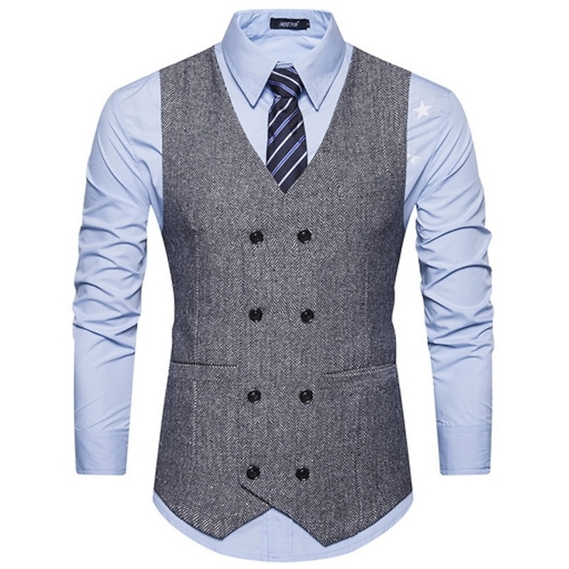 Men's Vest Waistcoat Wedding Business Formal Evening Office Spring Basic Polyester Comfortable Solid Colored Double Breasted V Neck Slim Black Khaki Gray Vest3