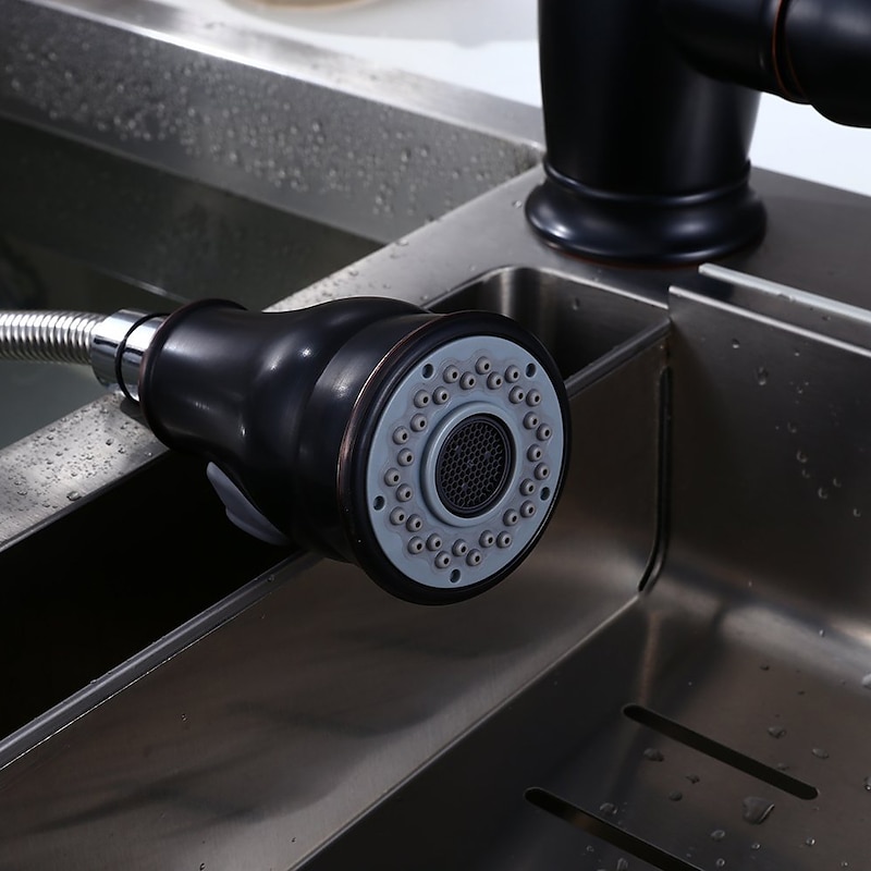 Brass Kitchen Faucet,Single Handle One Hole Oil-rubbed Bronze Pull-out Spray Widespread Tall High Arc Vessel Antique Kitchen Taps with Hot and Cold Switch3