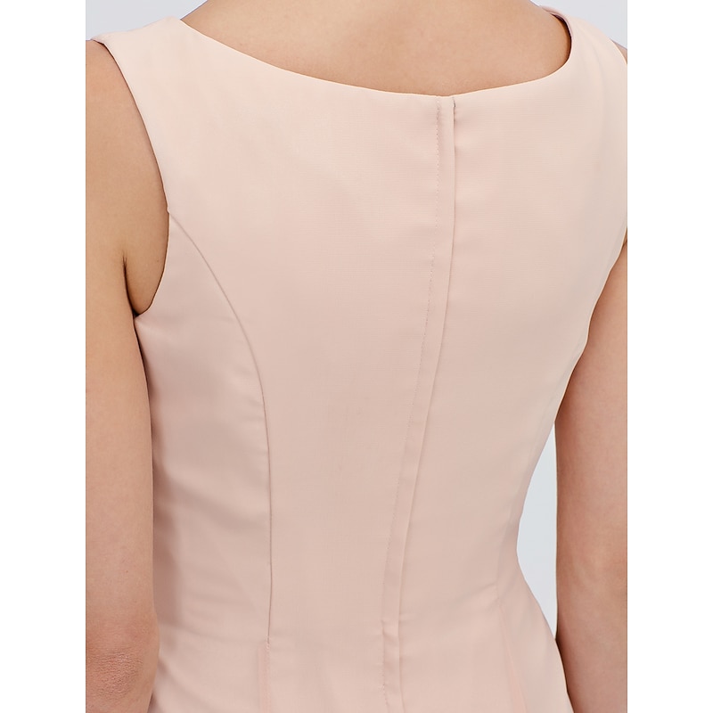 Beach Wedding Two Piece Sheath Mother of the Bride Dress Wedding Guest Elegant Plus Size Jewel Neck Tea Length Chiffon Sleeveless Wrap Included with Sash / Ribbon Pleats Beading2