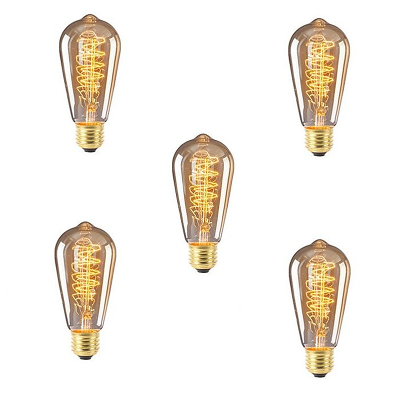 5pcs 40W Edison Vintage Incandescent Light Bulb E26 E27 Dimmable Decorative Antique Filament Lamp Bulb for Indoor Wall Hanging Ceiling Light Fixtures Amber Warm 220-240V