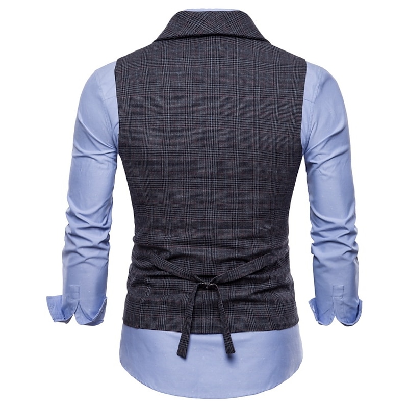 Men's Vest Suit Vest Waistcoat Wedding Work Business Holiday Formal Gentle Spring Fall Polyester Plaid Shirt Collar Slim Brown Light Grey Dark Gray Vest3