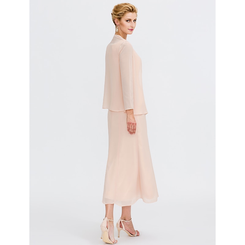 Beach Wedding Two Piece Sheath Mother of the Bride Dress Wedding Guest Elegant Plus Size Jewel Neck Tea Length Chiffon Sleeveless Wrap Included with Sash / Ribbon Pleats Beading4