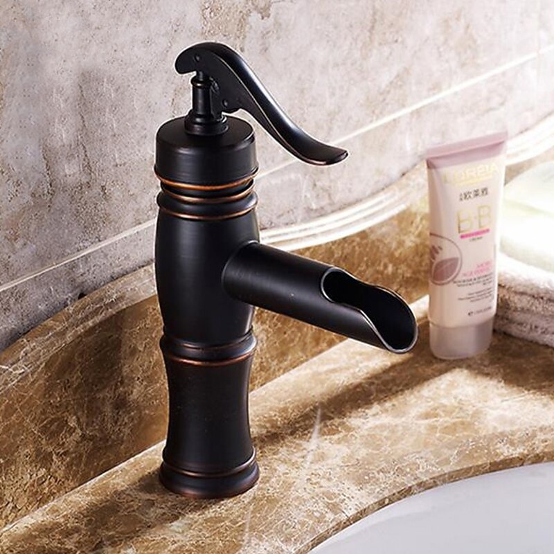 Oil-rubbed Bronze Bathroom Sink Faucet,Black Waterfall Centerset Single Handle One Hole Bath Taps with Hot and Cold Water Switch4