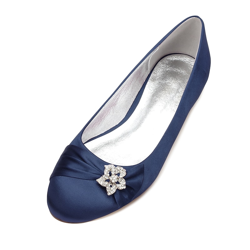 Women's Navy Blue Satin Ballet Flats  with Rhinestone Embellishment - Elegant Wedding and Evening Shoes2