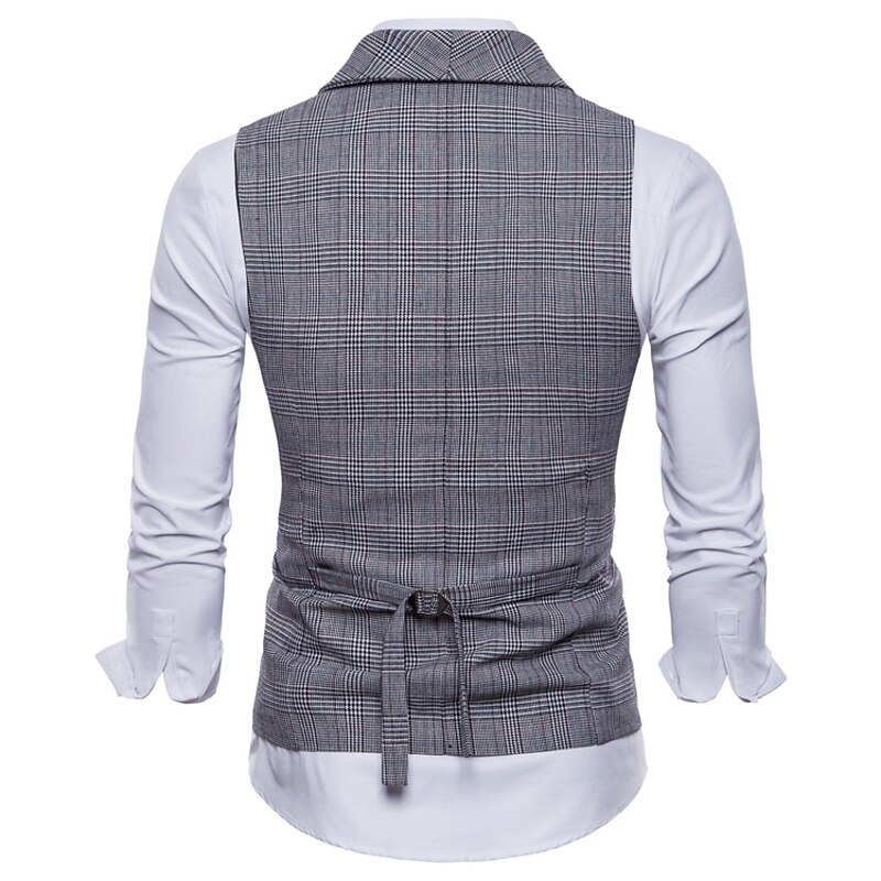 Men's Vest Suit Vest Waistcoat Wedding Work Business Holiday Formal Gentle Spring Fall Polyester Plaid Shirt Collar Slim Brown Light Grey Dark Gray Vest2
