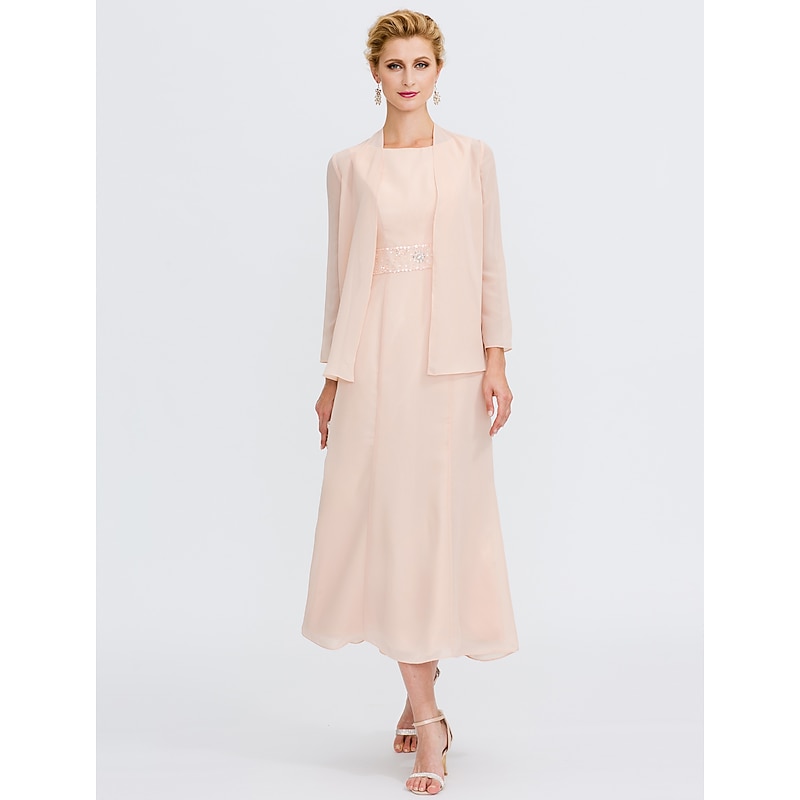 Beach Wedding Two Piece Sheath Mother of the Bride Dress Wedding Guest Elegant Plus Size Jewel Neck Tea Length Chiffon Sleeveless Wrap Included with Sash / Ribbon Pleats Beading