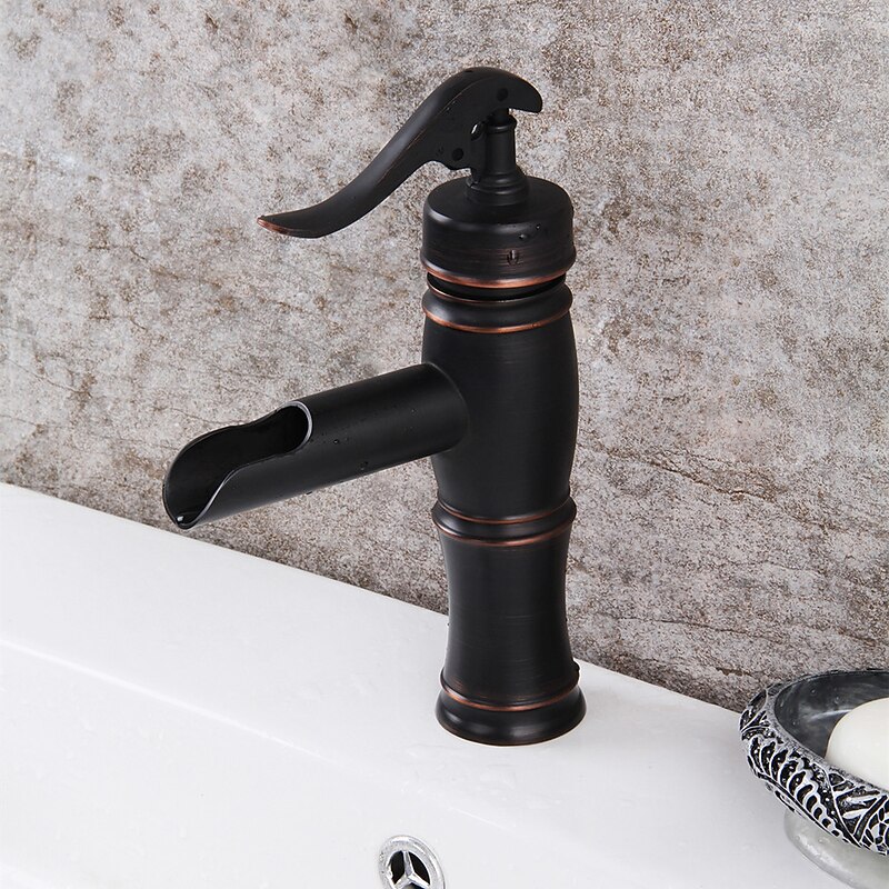 Oil-rubbed Bronze Bathroom Sink Faucet,Black Waterfall Centerset Single Handle One Hole Bath Taps with Hot and Cold Water Switch3