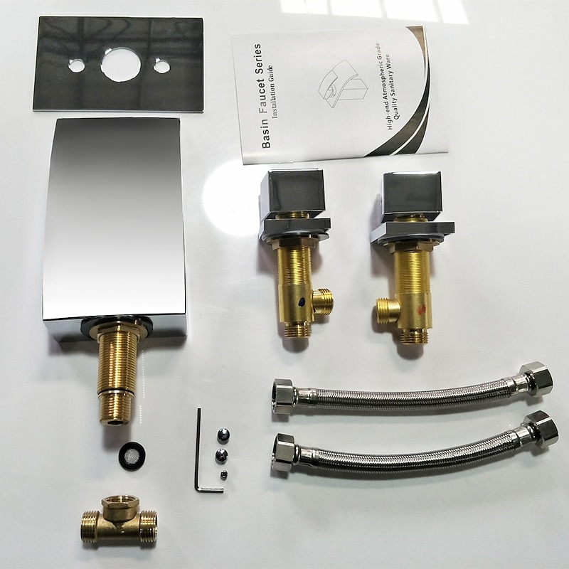 Wall Mount Bathroom Sink Faucet,Waterfall Chrome Finish Water Flow LED Power Source Two Handles Three Holes Bath Taps with Hot and Cold Switch and Valve3