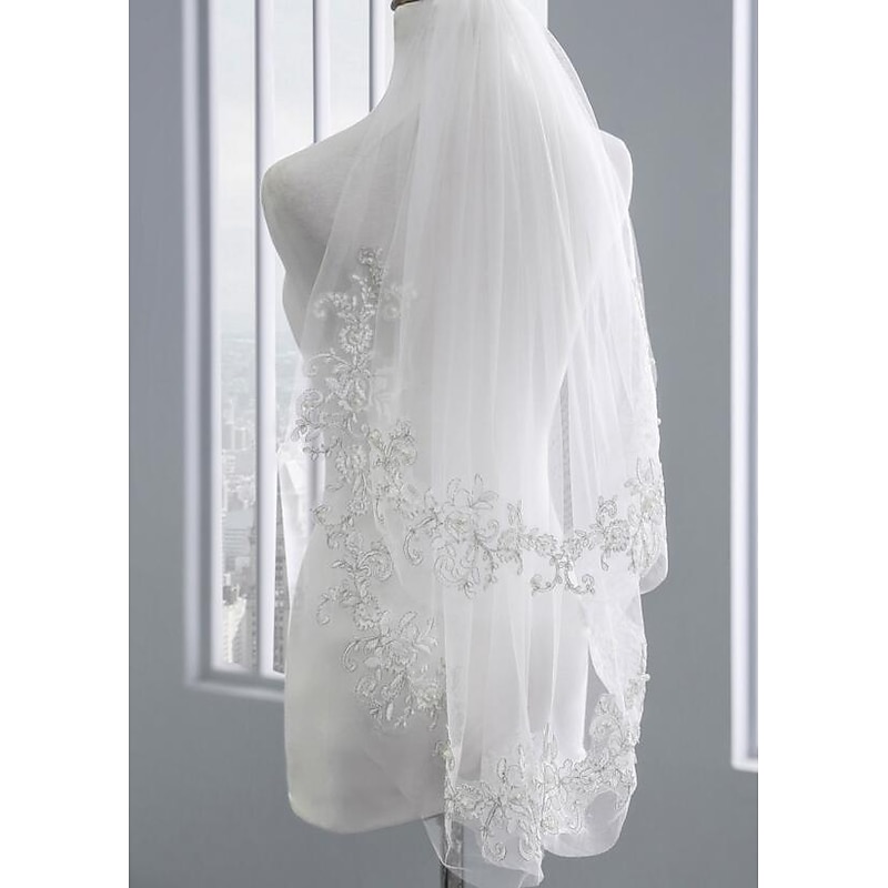 Two-tier Stylish / Pearls Wedding Veil Elbow Veils with Faux Pearl / Embroidery POLY / Drop Veil dress to impress4