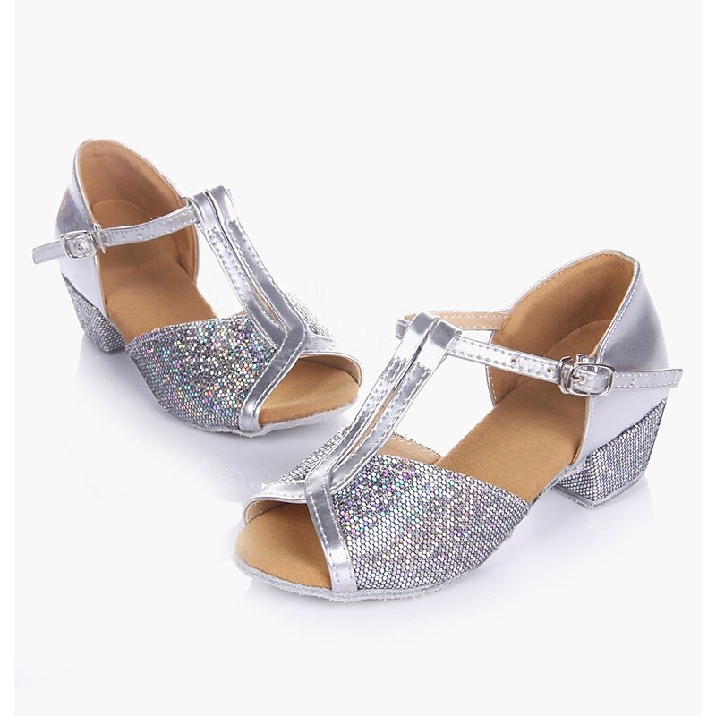 Girls' Gold Glitter Ballroom Dance Shoes – Suede Sole T-Strap Latin Dance Heels for Performance and Competitions3