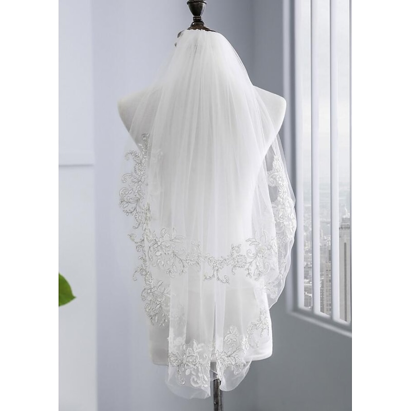 Two-tier Stylish / Pearls Wedding Veil Elbow Veils with Faux Pearl / Embroidery POLY / Drop Veil dress to impress3