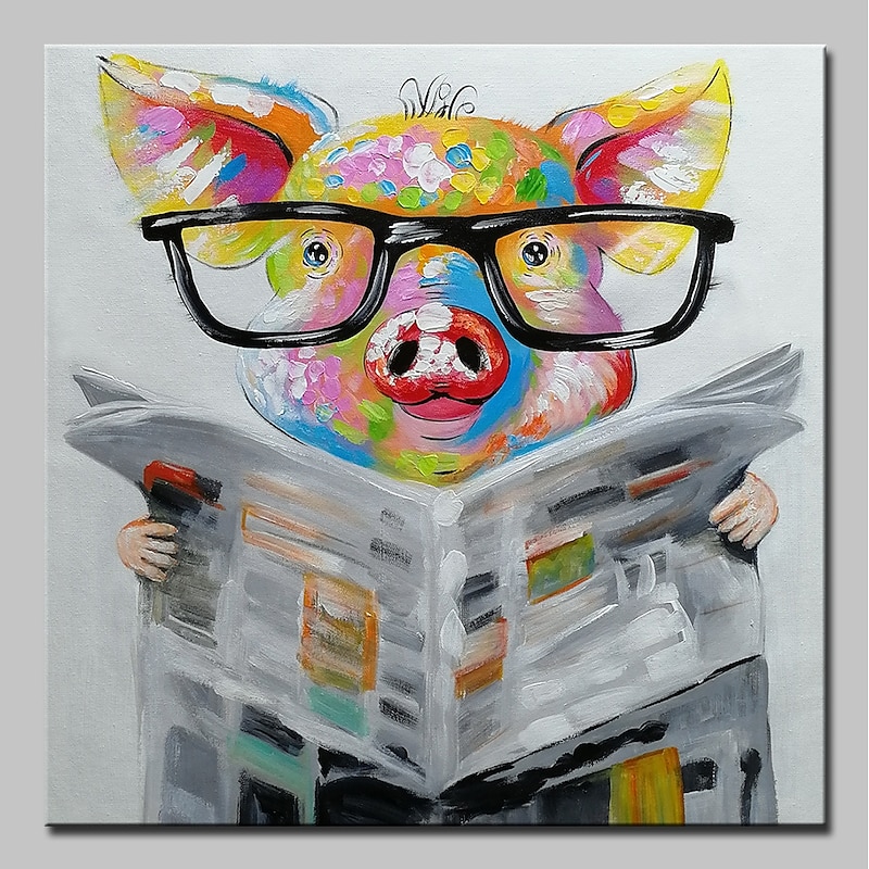 Handmade Oil Painting Canvas Wall Art Decoration Pig Reading Newspaper Amimal Pattern for Home Decor Stretched Frame Hanging Painting2