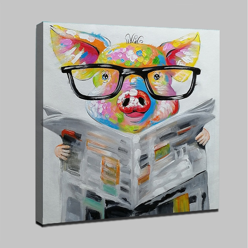 Handmade Oil Painting Canvas Wall Art Decoration Pig Reading Newspaper Amimal Pattern for Home Decor Stretched Frame Hanging Painting3