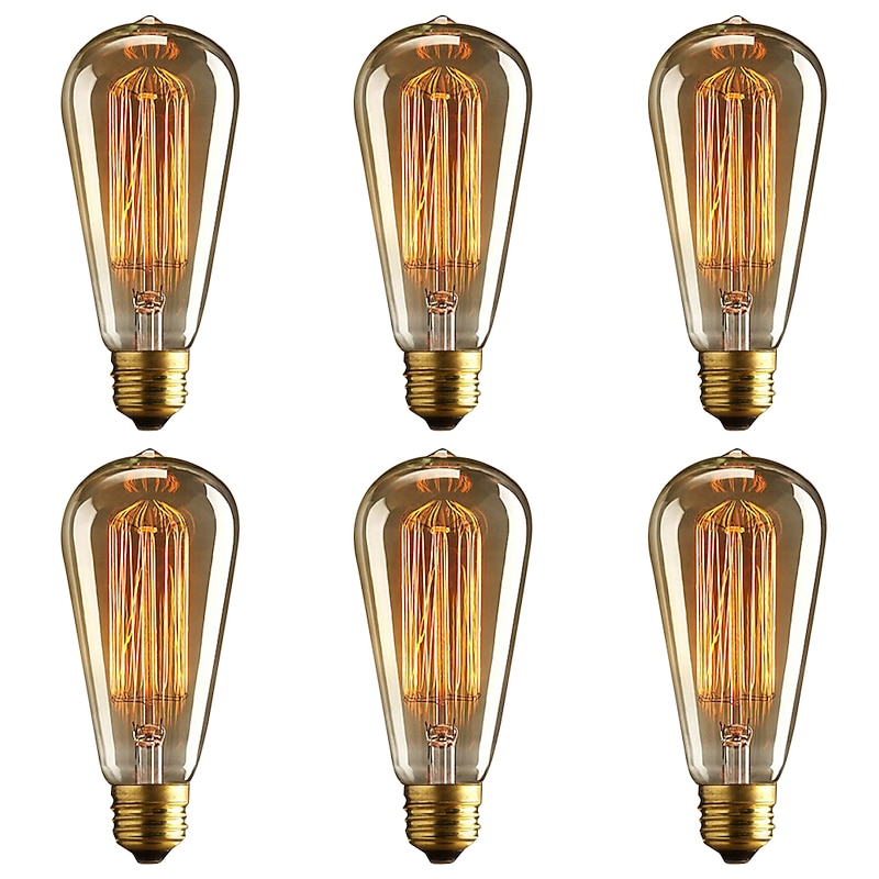 6pcs 40W Edison Vintage Incandescent Light Bulb Dimmable E26 E27 ST64 Candelabra Filament Amber Warm White for Lighting Fixture 220V 110V