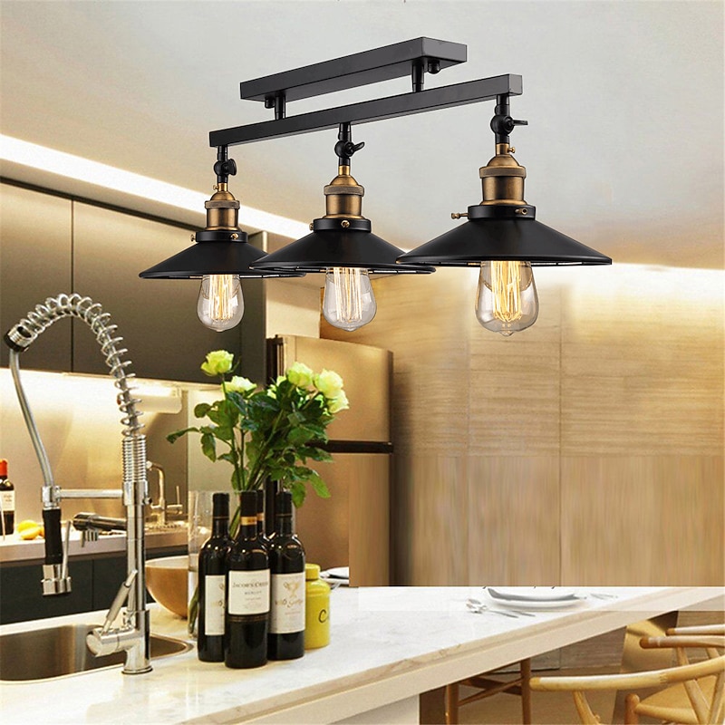 3-Light Vintage Loft Ceiling Lamp Flush Mount Light Direction Adjustable 3-Head Metal Mirror Glass Living Room Dining Room