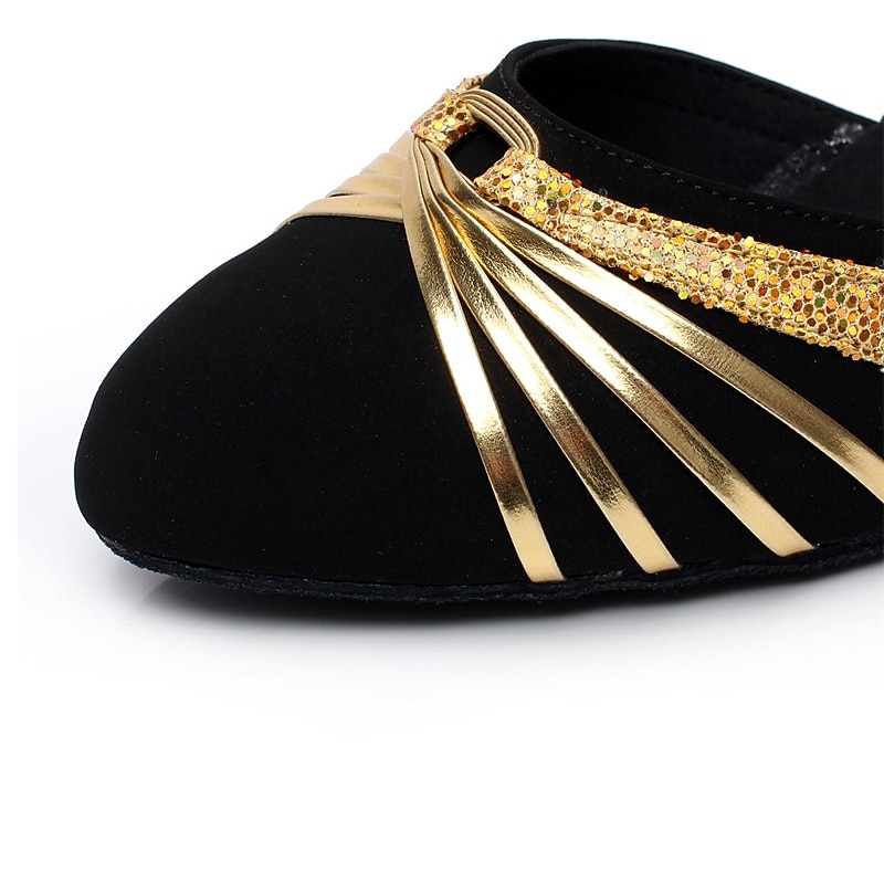 Women's Latin Dance Shoes – Black Suede Ballroom Heels with Gold Straps, Ankle Strap, and Suede Sole for Salsa, Tango, and Performance2