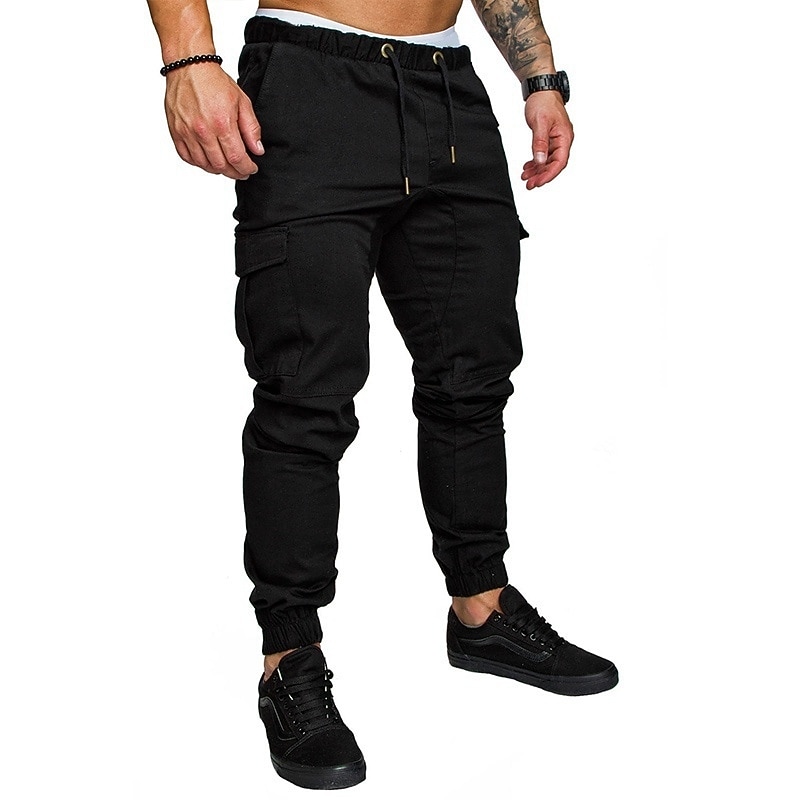 Men's Cargo Pants Cargo Trousers Trousers Drawstring Elastic Waist Solid Color Full Length Casual Daily Streetwear Basic Black White