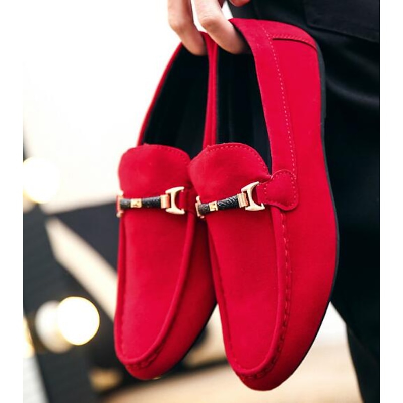 Men's Red Faux Suede Loafers, Casual Slip-On Driving Shoes with Metal Buckle Detail - Stylish and Comfortable Footwear for Daily Wear3