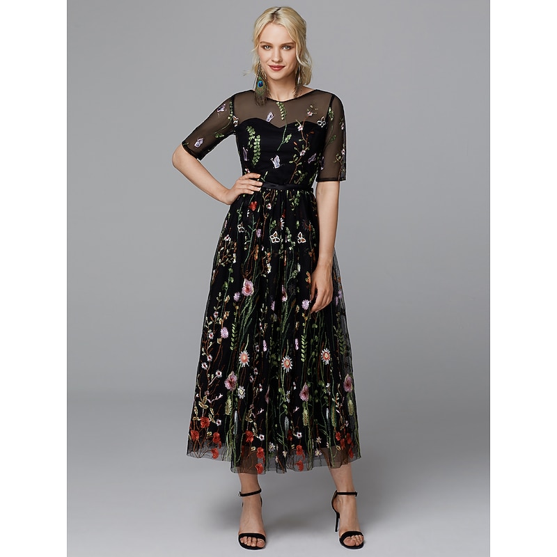 A-Line Floral Dress Valentine's Day Wedding Guest Tea Length Half Sleeve Illusion Neck Lace with Embroidery Appliques2