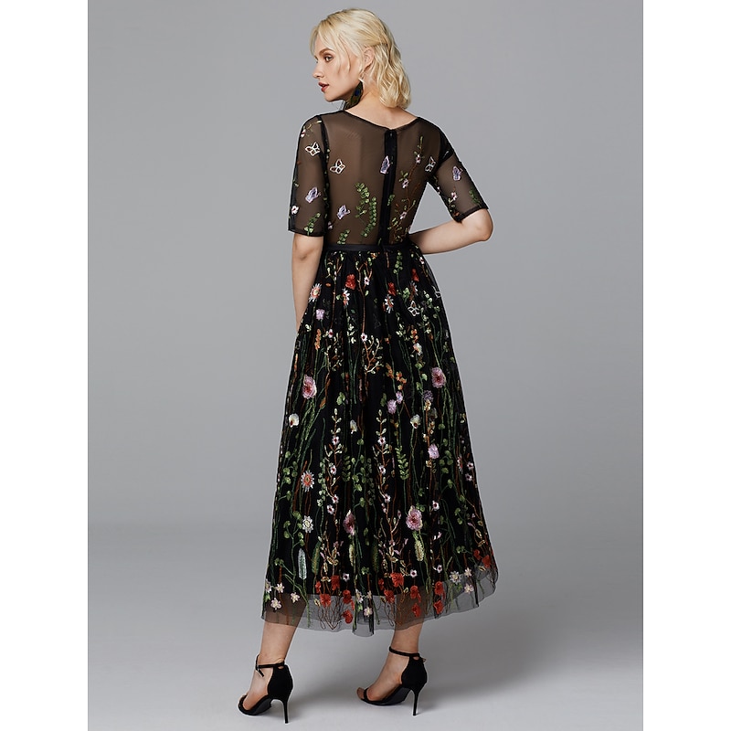 A-Line Floral Dress Valentine's Day Wedding Guest Tea Length Half Sleeve Illusion Neck Lace with Embroidery Appliques3
