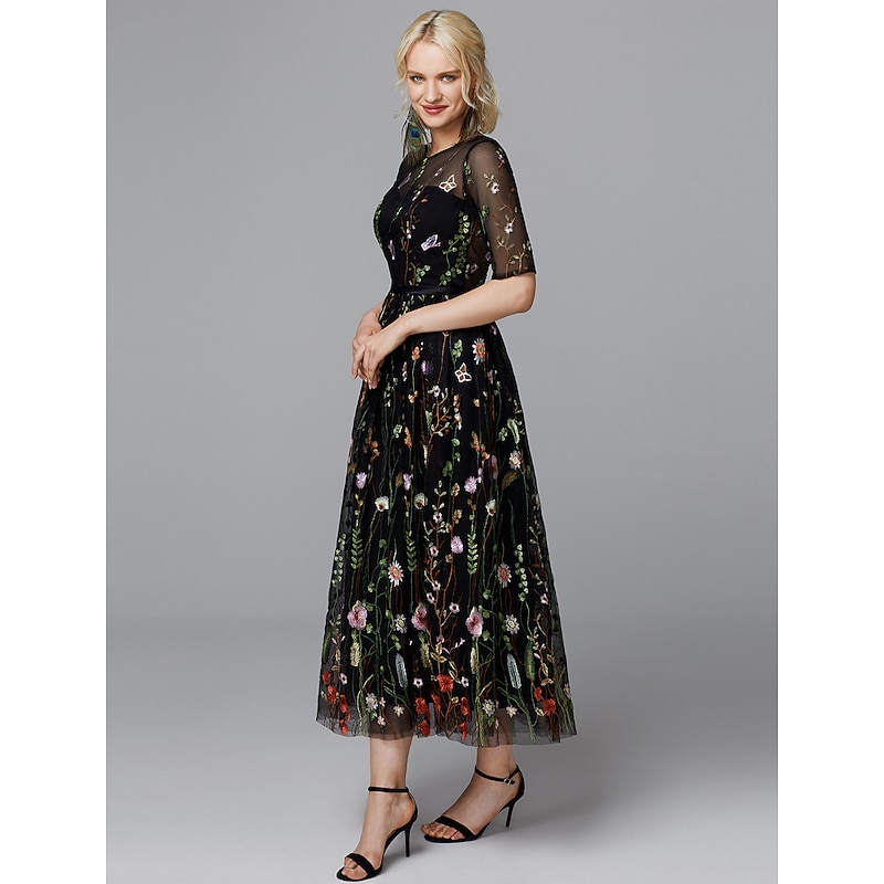 A-Line Floral Dress Valentine's Day Wedding Guest Tea Length Half Sleeve Illusion Neck Lace with Embroidery Appliques4