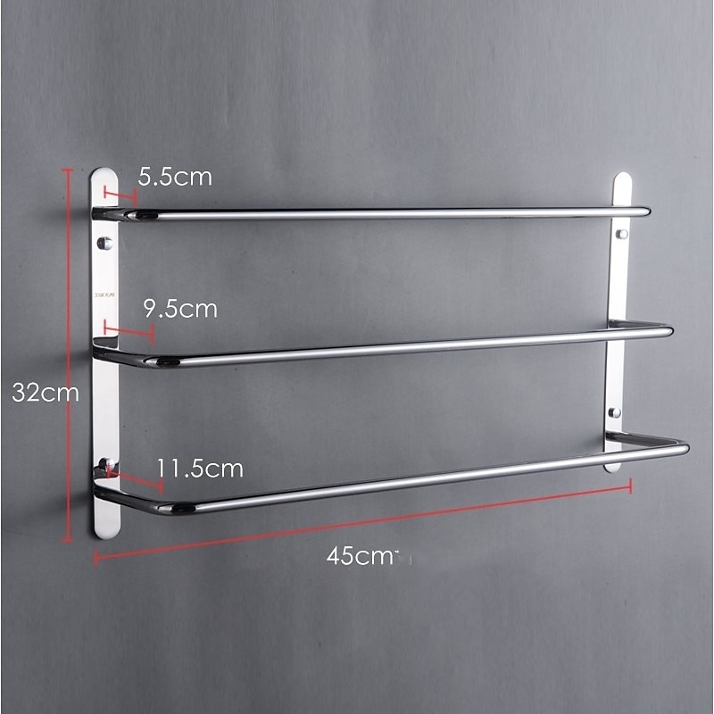 Multilayer Towel Rack Contemporary Stainless Steel Bathroom Shelf with 3-towel Bar Wall Mounted Polished Silvery 1PC 45CM4