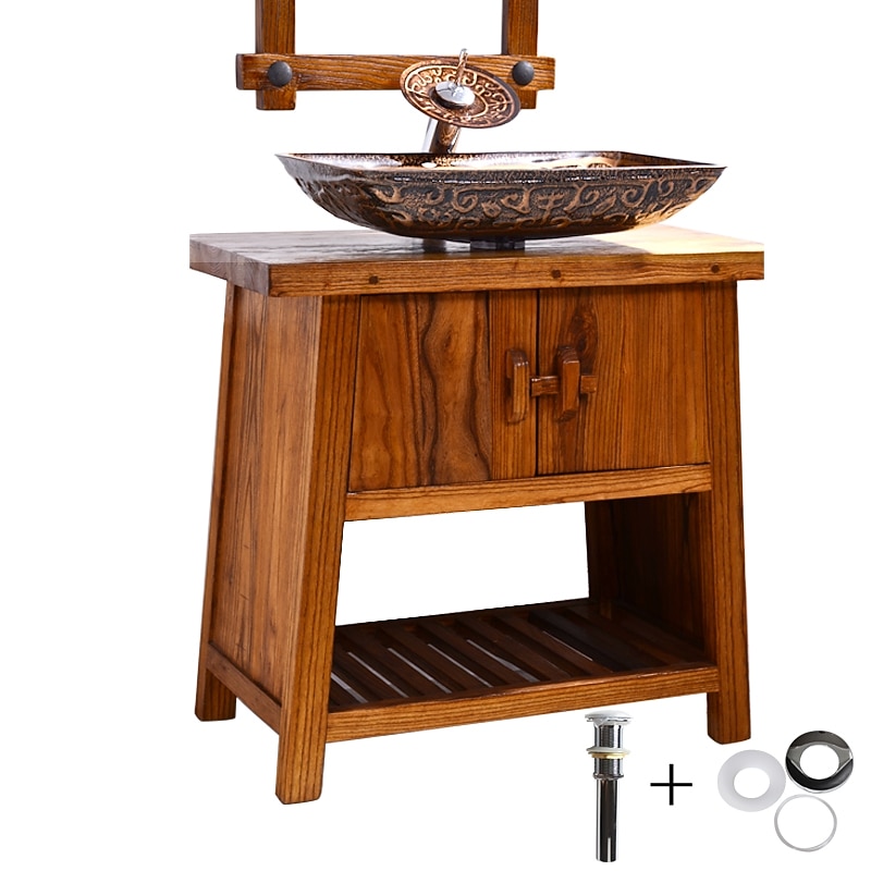 Bathroom Sink Faucet Suit Contain with Zinc Alloy Bathroom Mounting Ring Antique Tempered Glass Rectangular Vessel Sink and Brass Water Drain3