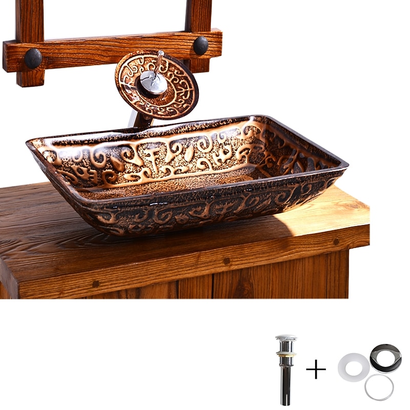 Bathroom Sink Faucet Suit Contain with Zinc Alloy Bathroom Mounting Ring Antique Tempered Glass Rectangular Vessel Sink and Brass Water Drain