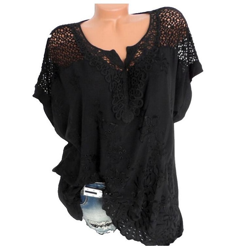 Women's Shirt Blouse White Eyelet Tops Black White Red Solid Color Plain Lace Half Sleeve Casual Daily Vintage Basic Elegant V Neck Regular S2
