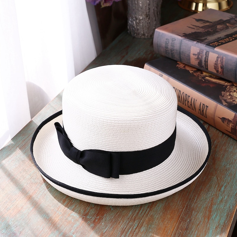 Hats Woven Straw Hat Casual Holiday Cocktail Party Melbourne Cup Classy Retro With Satin Bowknot Headpiece Headwear dress to impress Hats Race Day Dress3