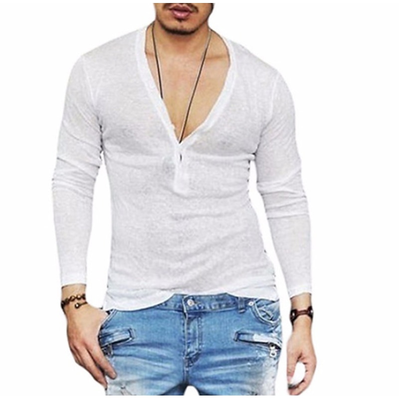 Men's Shirt T Shirt Long Sleeve Shirt Long Sleeve Deep V Graphic Plain Muscle Esencial Black White Top Tee for Men2